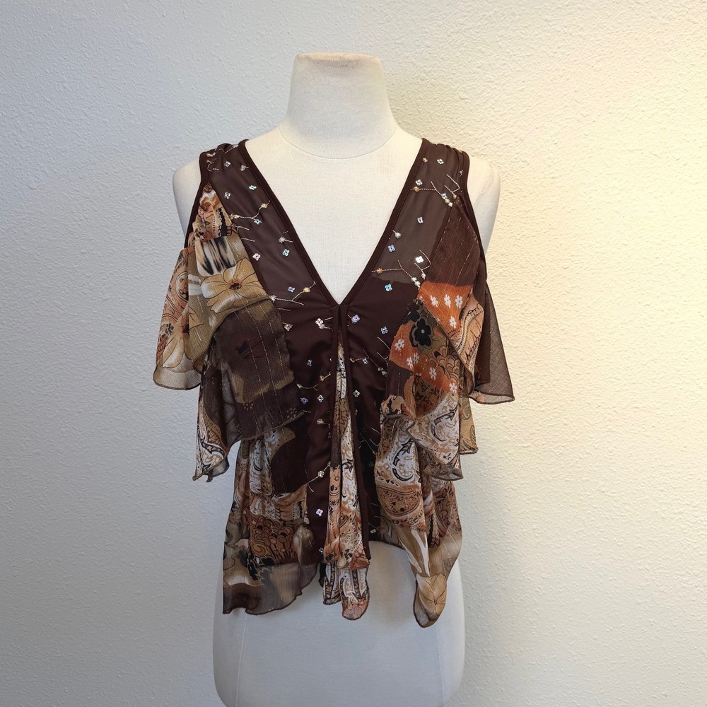 FLAWS Y2K Brown Flowy Ruffle Tank Top Sz Medium Tiered Retro Boho Sequin Fairy